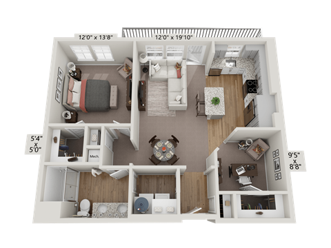 Floor plan for 1 bed, 1 bath, 893 sqft